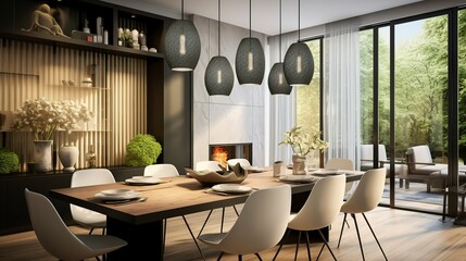 Fototapeta premium Chic Dining Area with White Pendant Lamps