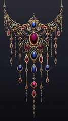 Ornate Gold Necklace with Red and Blue Gemstones