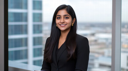 Confident Indian businesswoman standing in modern office environment, showcasing professionalism and ambition