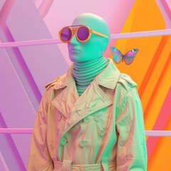 Obraz premium Digitally created image showcasing a vibrant and surreal fashion aesthetic with a unique futuristic and experimental style The image features a colorful abstract and character wearing a distinctive
