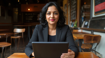 Professional Indian businesswoman seated in cafe, working on tablet, exuding confidence and focus