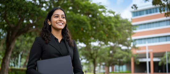 Confident Indian woman in professional attire walking outdoors, smiling