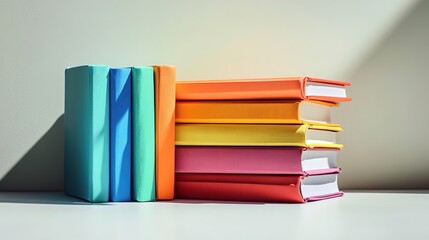 Brightly colored books stacked on light background