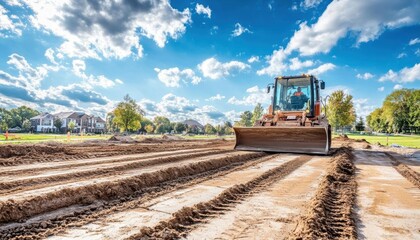 A bulldozer working on a construction site under a blue sky.