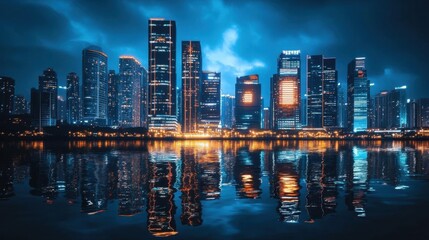 A vibrant city skyline reflected in water at dusk.