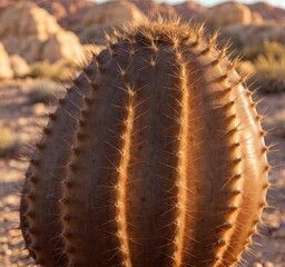Naklejka premium A close-up of a spiky cactus in a desert landscape, showcasing its unique texture and form.