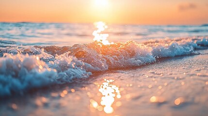 Gentle ocean waves washing ashore at sunset.
