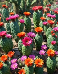 Green cactus with vibrant flowers in a sunny garden , green plants, succulent gardens, landscape gardening