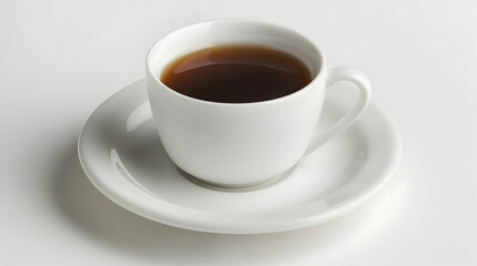 Hot brown liquid inside a white cup with saucer.