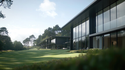 Modern architecture with large windows and green landscape