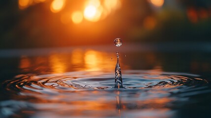 Water droplet impact on still water at sunset, creating concentric ripples.