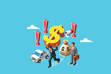 Bound by Binders, An Isometric Illustration of Work Stress Symbolized by a Businessman Carrying a Towering Red Stack