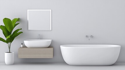 Fototapeta premium Modern bathroom featuring a bathtub, sink, and plant decor.