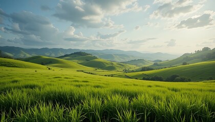 Obraz premium Lush Green Fields Embrace Rolling Hills Under a Cloudy Sky