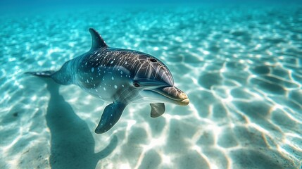 Fototapeta premium A Spotted Dolphin Swims in Shallow Turquoise Water