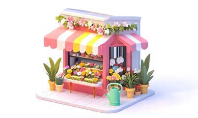 Floral shop with pink striped awning.