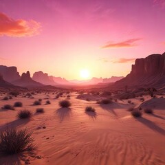 Naklejka premium Desert landscape at dusk with a vibrant orange and pink sunset, rocky hills, sunset,