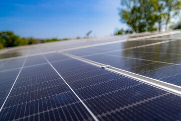 Close up view of solar panels installed on a carport with trees and parked cars under a clear blue...