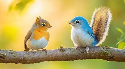 Fototapeta premium A charming scene of a brown and orange bird with a blue bird on a branch, surrounded by nature.