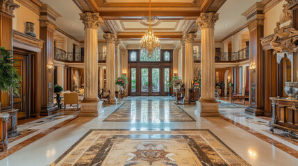 Obraz premium Grand Mansion Entrance: Opulent Interior, Golden Hues, Historic Architecture