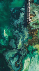 Aerial View Algae Biofuel Farm, Serene Lake, Blue-Green Algae Mat, Glassy Water, Vivid Hues