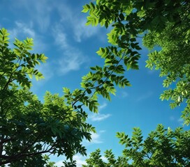 Fototapeta premium Dark green Bladdernu foliage against a bright blue sky, bladdernu, foliage, blue