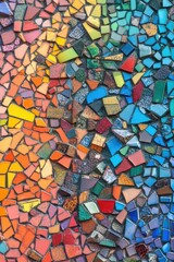 A vibrant mosaic artwork featuring colorful, textured tiles.