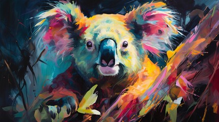 Koala neon oil paintings thick brushstrokes