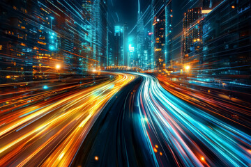 Fototapeta premium Futuristic City Highway: Neon Lights, Speed, and Urban Glow