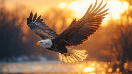 Obraz premium a bald eagle flying over a city