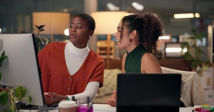 Happy women, night or designers with high five for winning, teamwork or project deadline at office. Excited, female people or colleagues working late on computer with smile for good job, UI or UX