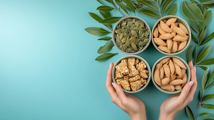 Healthy snack ideas nuts and seeds in bright bowls - food photography tips