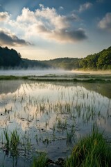 Tranquil landscape with mist over water and lush greenery.
