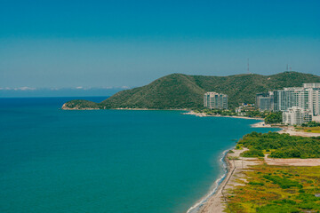 Panoramic landscape of Cabo Tortuga beach and blue sky. Santa Marta, Magdalena, Colombia. 