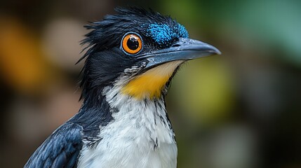 a black and white bird with blue head