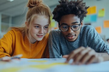 Two students collaborating on project, focusing intently