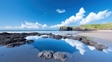 Obraz premium Serene beach scene with rocks and reflective water under blue sky.