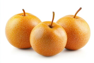 Closeup of Three Ripe Pears With a Smooth Yellow Skin Isolated on a White Background. Generative AI