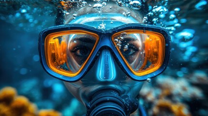 a blue and orange scuba mask
