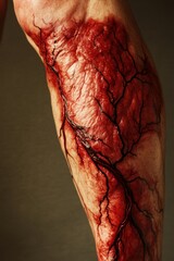 A close-up of a realistic, artistic representation of a human leg with veins.