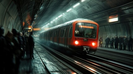 Naklejka premium Urban subway train speeding through a dimly lit underground station with reflections on wet tracks and blurred passengers waiting on platform