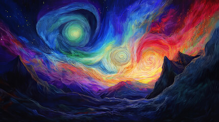 Cosmic Swirls: Prismacolor Night Sky Landscape