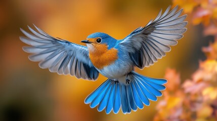 a blue bird flying with its wings spread