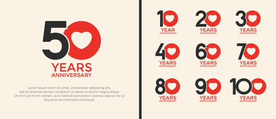 set of anniversary logo flat black and red color on white background for celebration moment