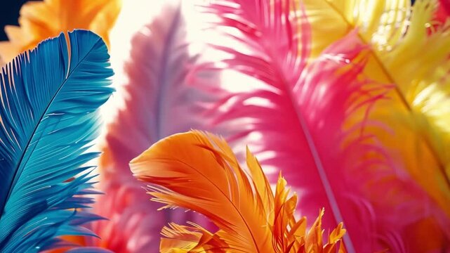 This Colorful feathers in blue, pink, orange, and yellow create a festive atmosphere at a carnival.