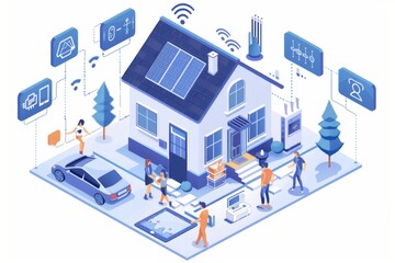 Obraz premium Illustration of a smart home with solar panels and connected devices.