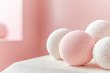 Soft, textured spheres in pastel colors on a minimalist surface.