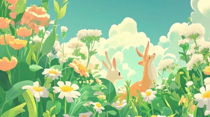 A serene illustration of rabbits and a deer amidst vibrant flowers under a blue sky.