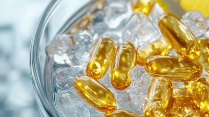 Yellow gel capsules on clear ice in glass bowl