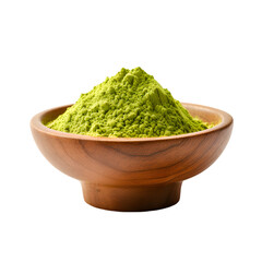 Wooden bowl brimming with vibrant matcha powder